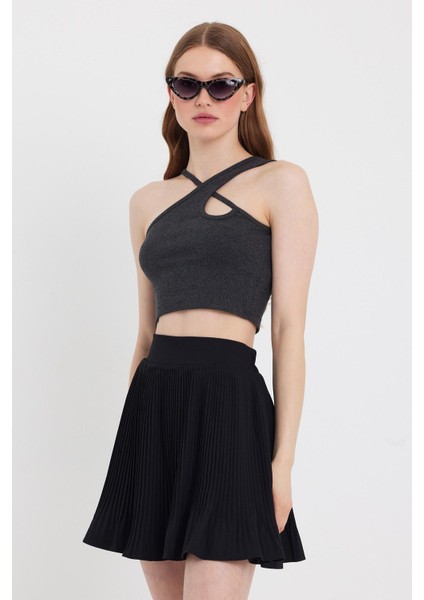 Kadın Askılı Crop Kaşkorse Antrasit