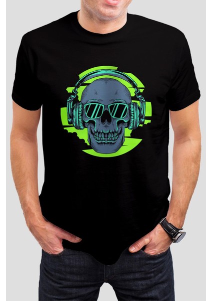 Kulaklıklı Kuru Kafa Baskılı Siyah Tişört C688
