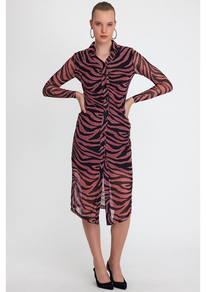 Kadın Zebra Desenli Elbise Fuşya