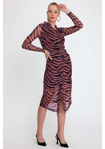 Kadın Zebra Desenli Elbise Fuşya