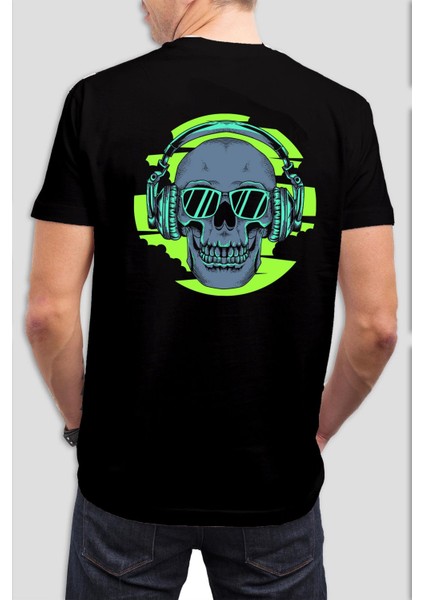 Kulaklıklı Kuru Kafa Baskılı Siyah Tişört C687