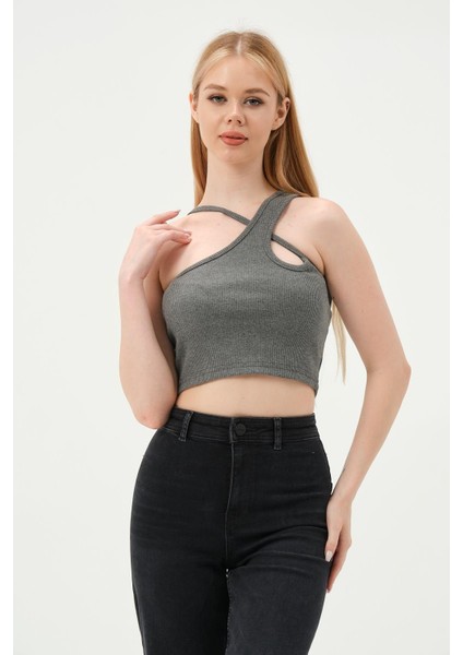 Kadın Askılı Crop Kaşkorse Gri