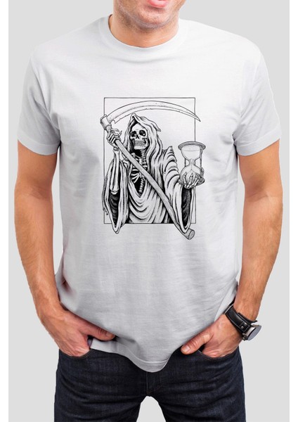 Azrail Kuru Kafa Baskılı Beyaz Tişört C684