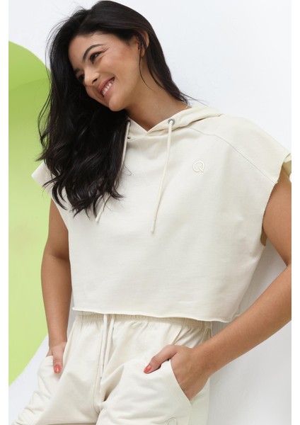 Kadın Kapüşonlu Crop Ekru
