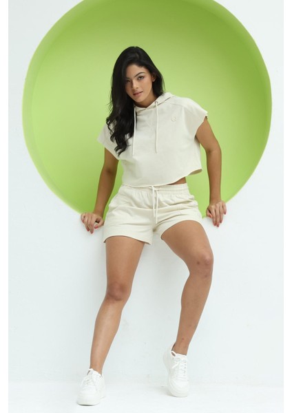Kadın Kapüşonlu Crop Ekru