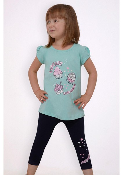 Kız Çocuk Kapri Taytlı Takım Yaz Temalı Cupcake Baskılı 1.5-5 Yaş, Su Yeşili