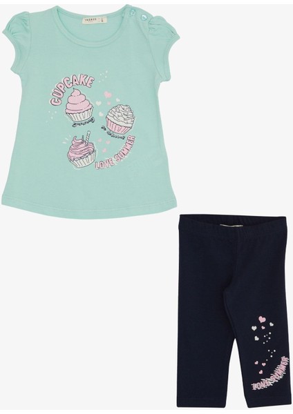 Kız Çocuk Kapri Taytlı Takım Yaz Temalı Cupcake Baskılı 1.5-5 Yaş, Su Yeşili fırsatları