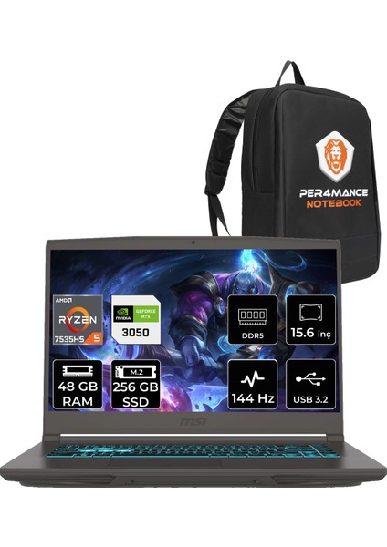 Msı Thin A15 Amd Ryzen 5 7535HS 48GB 256GB SSD RTX3050/4GB 15.6" Fhd 144Hz Fdos Taşınabilir Bilgisayar B7UC-077XTR & Per4 Çanta B7UCP326