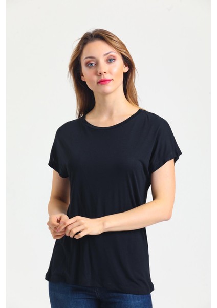 Kadın Bambu Kumaş Bisiklet Yaka T-Shirt Siyah