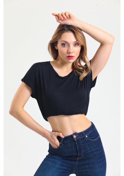 Kadın Bambu Kumaş Bisiklet Yaka T-Shirt Siyah fiyatları