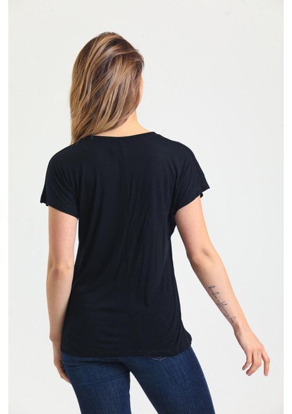 Kadın Bambu Kumaş Bisiklet Yaka T-Shirt Siyah fırsatları
