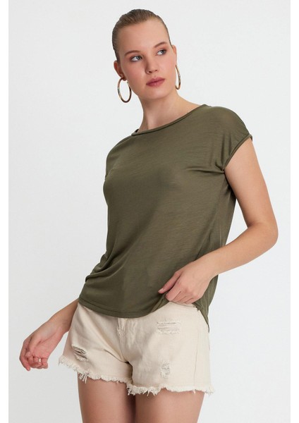 Kadın Tencel Kumaş Bisiklet Yaka T-Shırt Haki