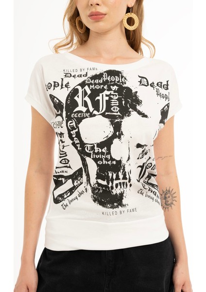 Kadın Kuru Kafa Baskılı Geniş Yakalı T-Shirt Beyaz fiyatları