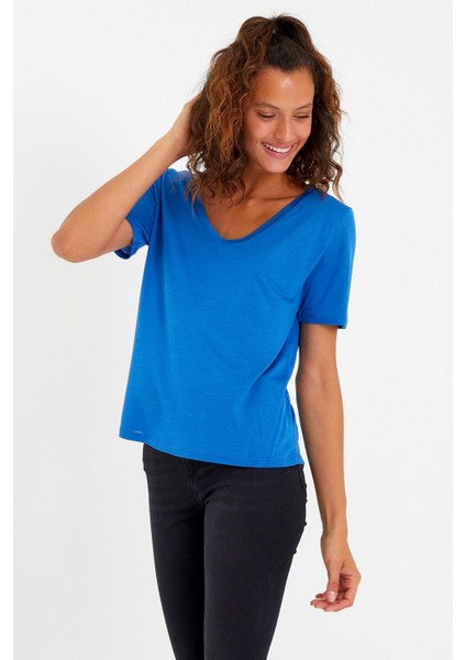 Kadın Tencel Kumaş V Yaka Parçalı T-Shirt Saks fiyatları
