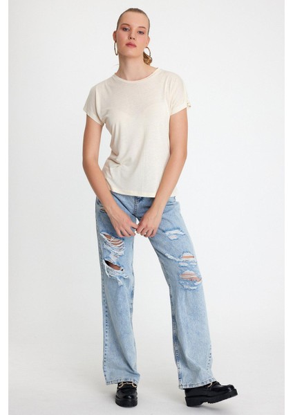 Kadın Bambu Kumaş Bisiklet Yaka T-Shirt Bej fiyatları