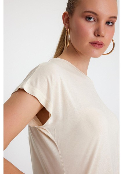 Kadın Bambu Kumaş Bisiklet Yaka T-Shirt Bej modelleri