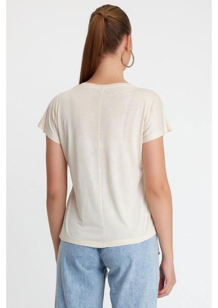 Kadın Bambu Kumaş Bisiklet Yaka T-Shirt Bej fırsatları