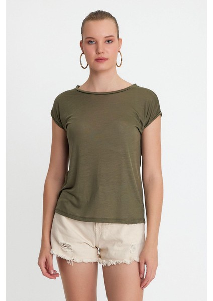 Kadın Tencel Kumaş Bisiklet Yaka T-Shırt Haki