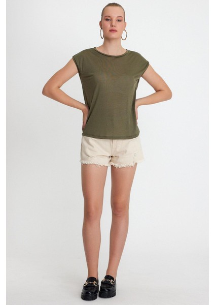 Kadın Tencel Kumaş Bisiklet Yaka T-Shırt Haki modelleri