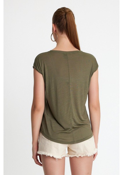 Kadın Tencel Kumaş Bisiklet Yaka T-Shırt Haki fırsatları