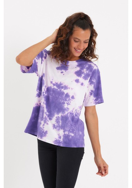 Kadın Batik Yıkamalı Oversize T-Shirt Mor