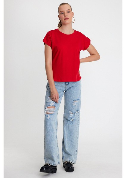 Kadın %50 Pamuk %50 Modal Bisiklet Yaka T-Shırt Kırmızı modelleri