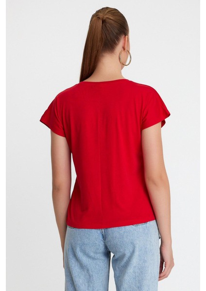 Kadın %50 Pamuk %50 Modal Bisiklet Yaka T-Shırt Kırmızı fırsatları