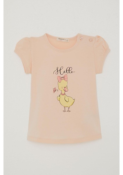 Kız Çocuk Tişört Süslü Fiyonklu Ördek Baskılı 1-4 Yaş, Pudra