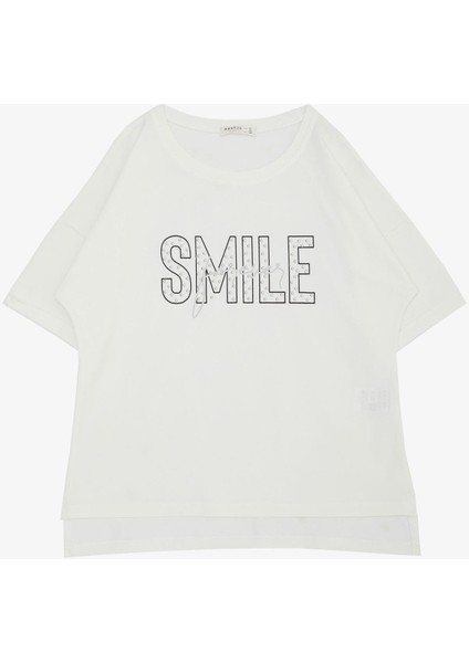 Kız Çocuk Tişört Smile Yazı Baskılı Taşlı 9-16 Yaş, Ekru