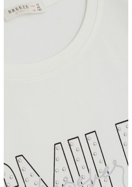 Kız Çocuk Tişört Smile Yazı Baskılı Taşlı 9-16 Yaş, Ekru modelleri