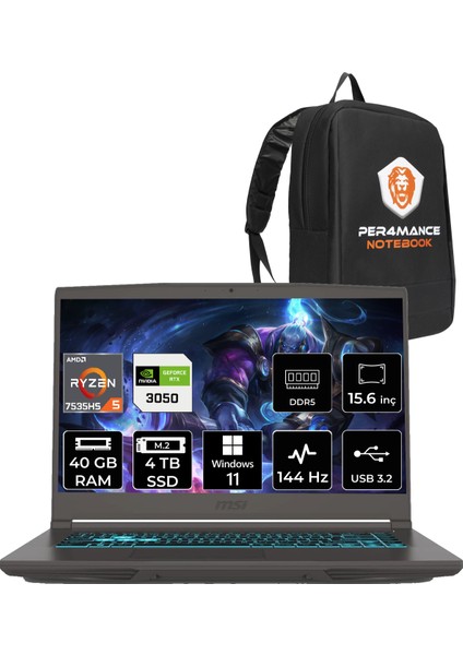 Msı Thin A15 Amd Ryzen 5 7535HS 40GB 4tb SSD RTX3050/4GB 15.6" Fhd 144Hz W11P Taşınabilir Bilgisayar B7UC-077XTR & Per4 Çanta B7UCP405