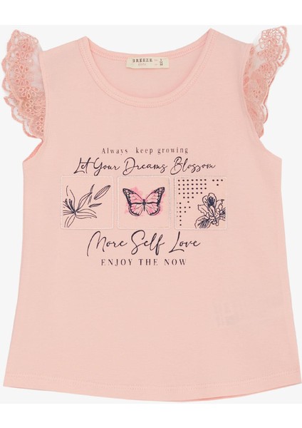 Kız Çocuk Tişört Kolları Güpür Nakışlı Kelebek Baskılı 1.5-5 Yaş, Pembe