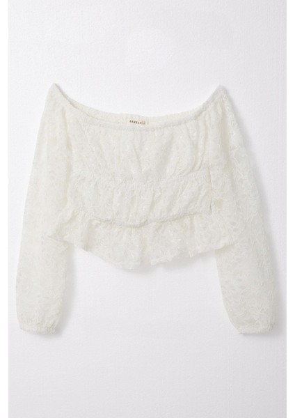 Kız Çocuk Uzun Kollu Dantelli Crop Bluz 9-14 Yaş, Ekru