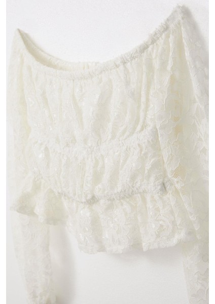 Kız Çocuk Uzun Kollu Dantelli Crop Bluz 9-14 Yaş, Ekru modelleri