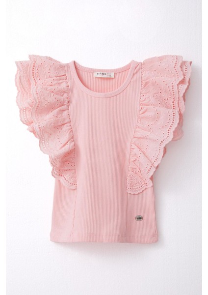 Kız Çocuk Tişört Güpürlü Çiçek & Yaprak Nakışlı 6-12 Yaş, Somon