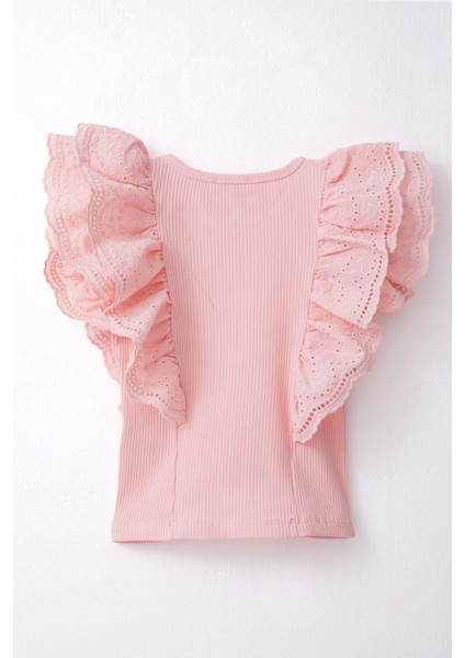 Kız Çocuk Tişört Güpürlü Çiçek & Yaprak Nakışlı 6-12 Yaş, Somon fiyatları