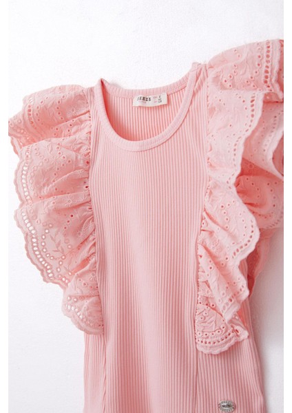 Kız Çocuk Tişört Güpürlü Çiçek & Yaprak Nakışlı 6-12 Yaş, Somon modelleri