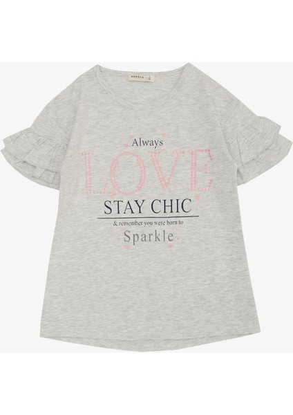 Kız Çocuk Tişört Sevgi Temalı Simli Yazı Baskılı 6-12 Yaş, Açık Gri Melanj