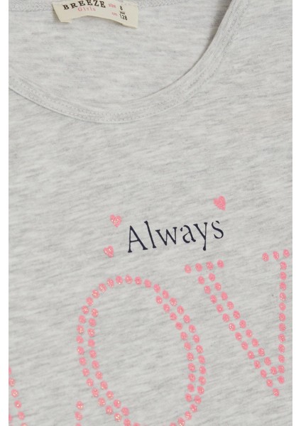 Kız Çocuk Tişört Sevgi Temalı Simli Yazı Baskılı 6-12 Yaş, Açık Gri Melanj modelleri