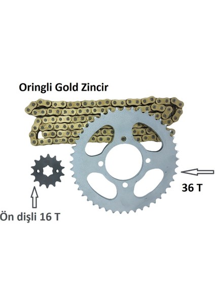 Cbf 150,CB 125E,CB 125F Performans Zincir Dişli Takımı Arka 36T -Ön 16T Oringli Zincir -Arasmoto