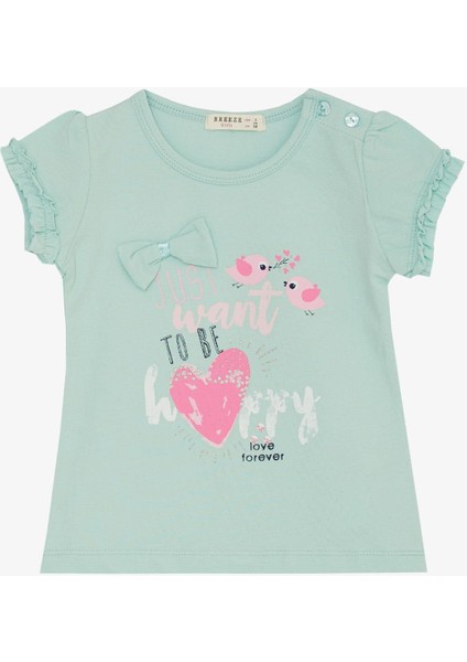Kız Çocuk Tişört Sevimli Kuş Baskılı Kalpli 1-4 Yaş, Su Yeşili
