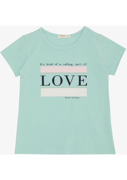 Kız Çocuk Tişört Yazı Baskılı Taşlı 8-14 Yaş, Su Yeşili
