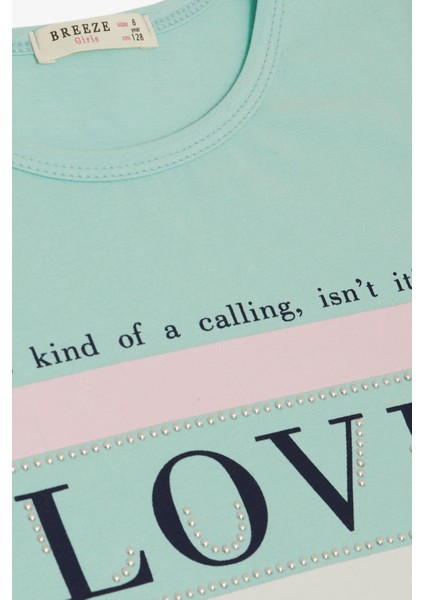 Kız Çocuk Tişört Yazı Baskılı Taşlı 8-14 Yaş, Su Yeşili modelleri