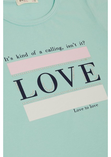 Kız Çocuk Tişört Yazı Baskılı Taşlı 8-14 Yaş, Su Yeşili fırsatları