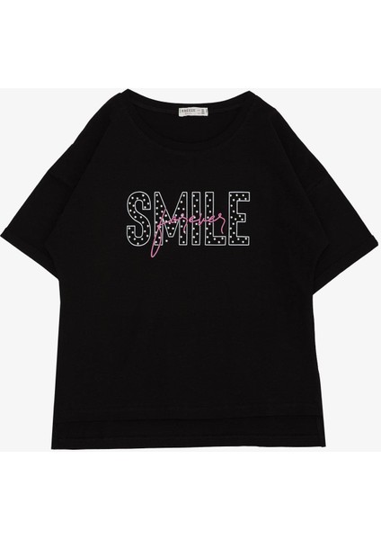 Kız Çocuk Tişört Smile Yazı Baskılı Taşlı 9-16 Yaş, Siyah