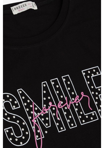 Kız Çocuk Tişört Smile Yazı Baskılı Taşlı 9-16 Yaş, Siyah modelleri