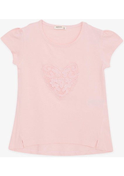 Kız Çocuk Tişört Kalp Çiçek Nakışlı 4-8 Yaş, Pembe