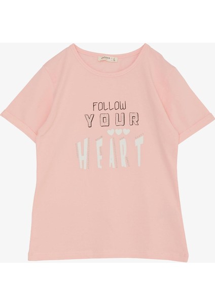 Kız Çocuk Tişört Taşlı Yazı & Kalp Baskılı 8-14 Yaş, Pembe