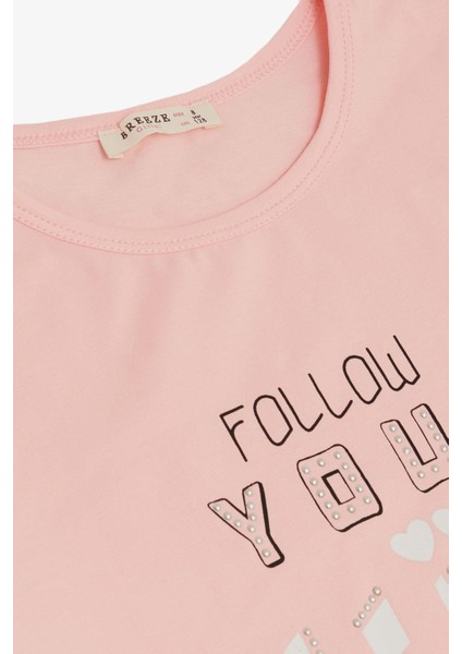 Kız Çocuk Tişört Taşlı Yazı & Kalp Baskılı 8-14 Yaş, Pembe modelleri