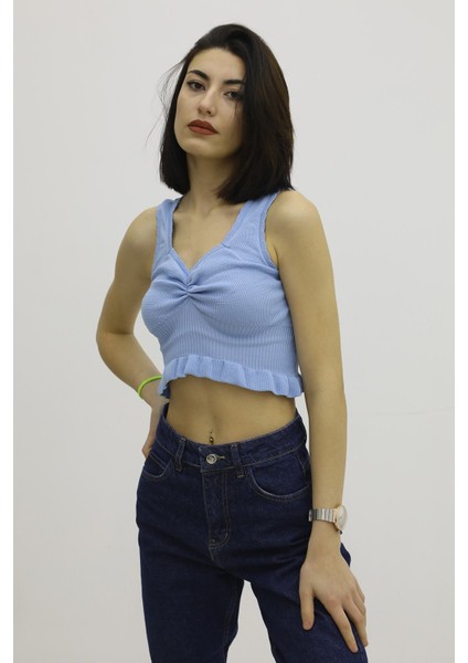 Bel Lastikli Triko Bluz Mavi - P-019708 fiyatları